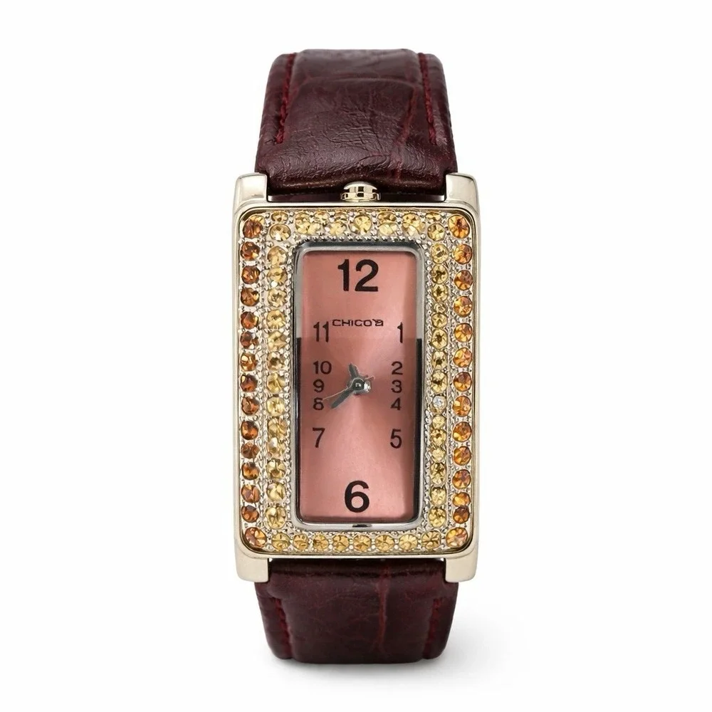 Chicos Crystal Cuff Watch Pink Dial Brown Band Statement Rhinestone Bezel‎